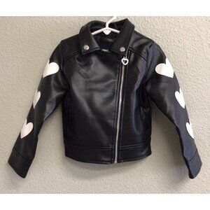 Limited Too Black Faux Leather Moto Jacket White Hearts Size 4 NEW